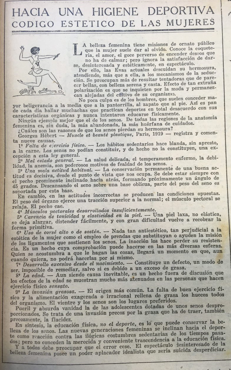 <em>El Gráfico</em>, 16 de enero de 1926. “Hacia una higiene deportiva: código estético de las mujeres”.