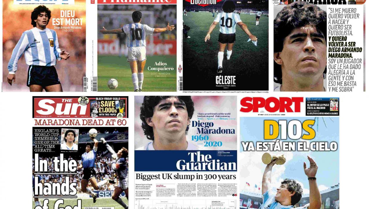 Portadas de los diarios del mundo hablando del fallecimiento de Diego Armando Maradona