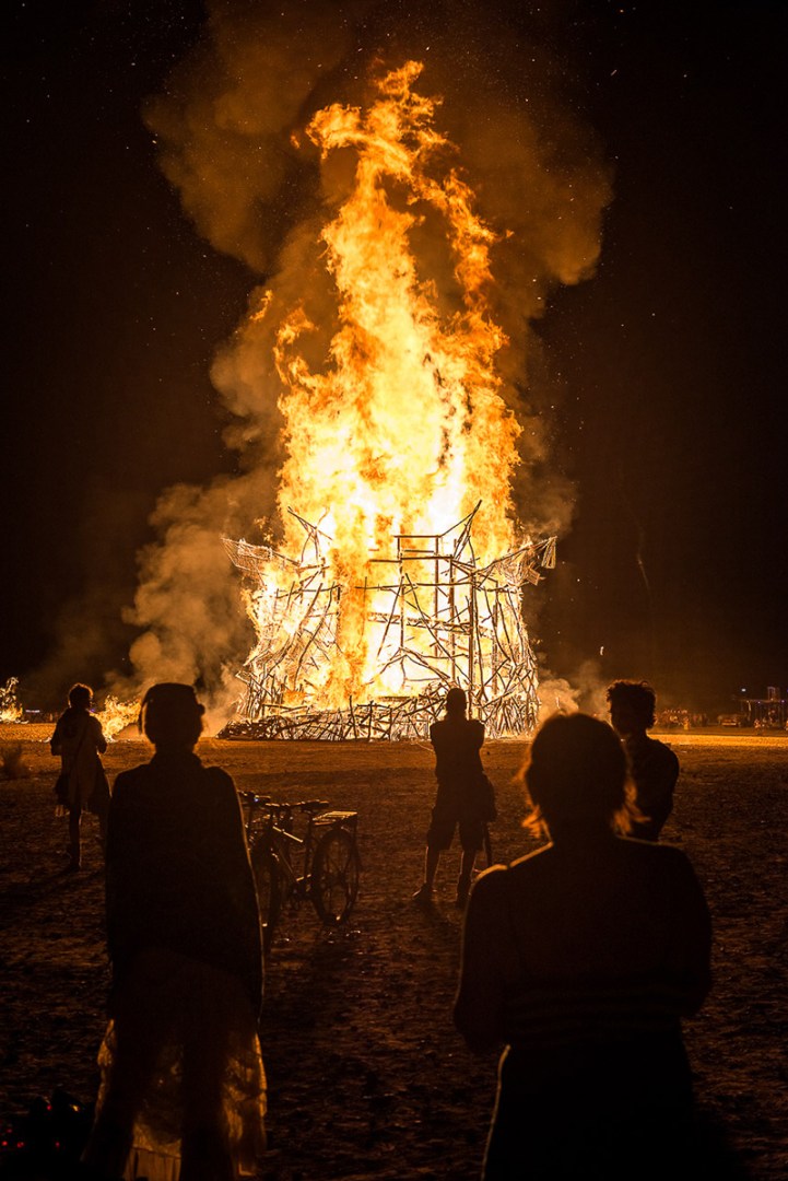 Africa, South Africa, Karoo desert, Tankwa, Stonehenge Farm, Festival: Afrika Burn 2017, Burning Mans little sister celebrated in south africa by 13k people. The burns of the art insatllations are the main event of the festival. Here "Yggdrasil, The Tree of Life" is beeing burnt.