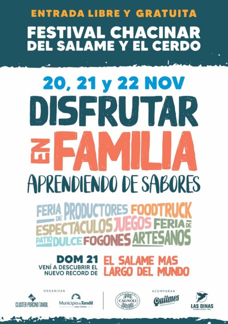 Los días 20, 21 y 22 de noviembre se realizará el 3º Festival del Salame y del Cerdo de Tandil “CHACINAR 2021”
