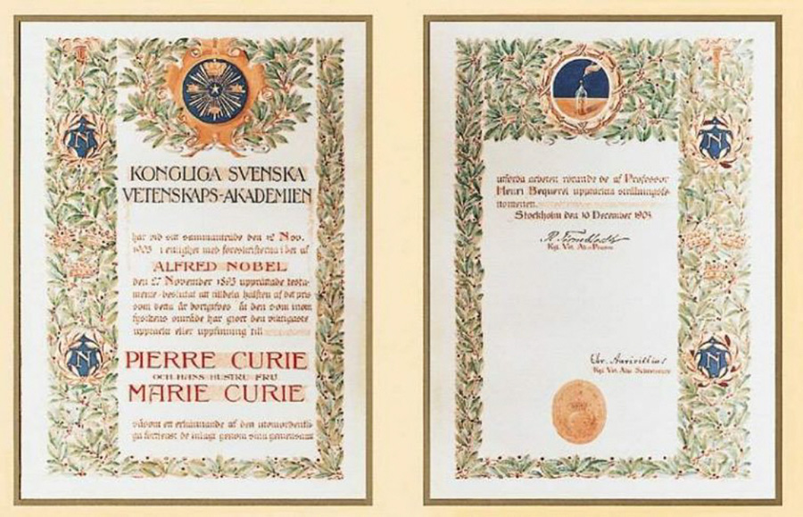 Certificación del Premio Nobel en Física (1903).