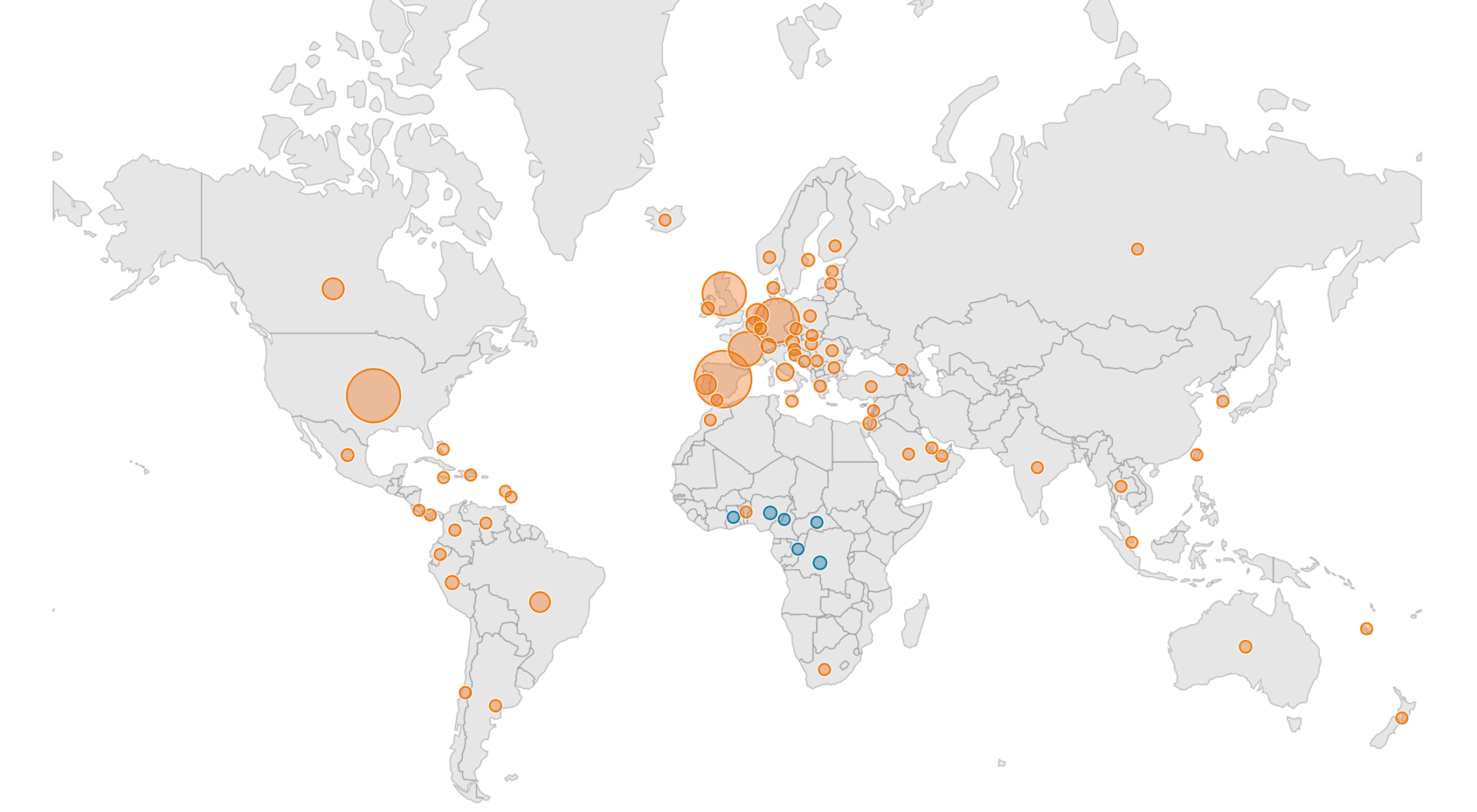 Países con casos de viruela del mono. En naranja, los países que han reportado casos en 2022. En azul, los países que han reportado casos en años anteriores. CDC