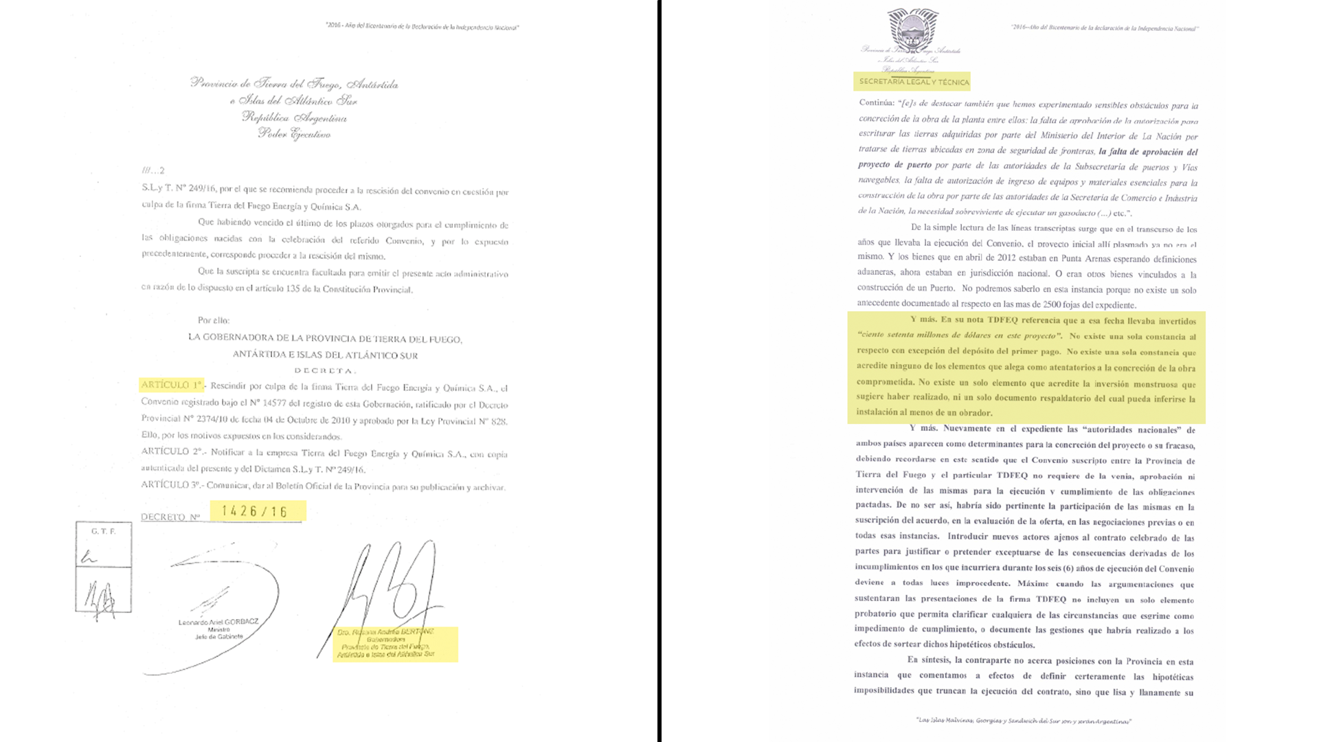 Documentación que anula el convenio con la empresa china y que avala que no se hayan realizado las inversiones comprometidas
