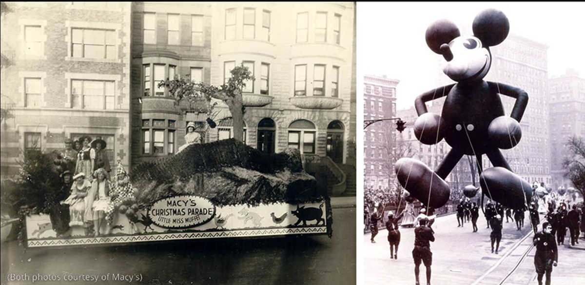 Foto de la izda.: Personas en una carroza en un desfile. Foto de la dcha.: Manejadores alrededor de un globo con forma de Mickey Mouse (Ambas fotografías cedidas por Macy's)
(Ambas fotografías cedidas por Macy’s)